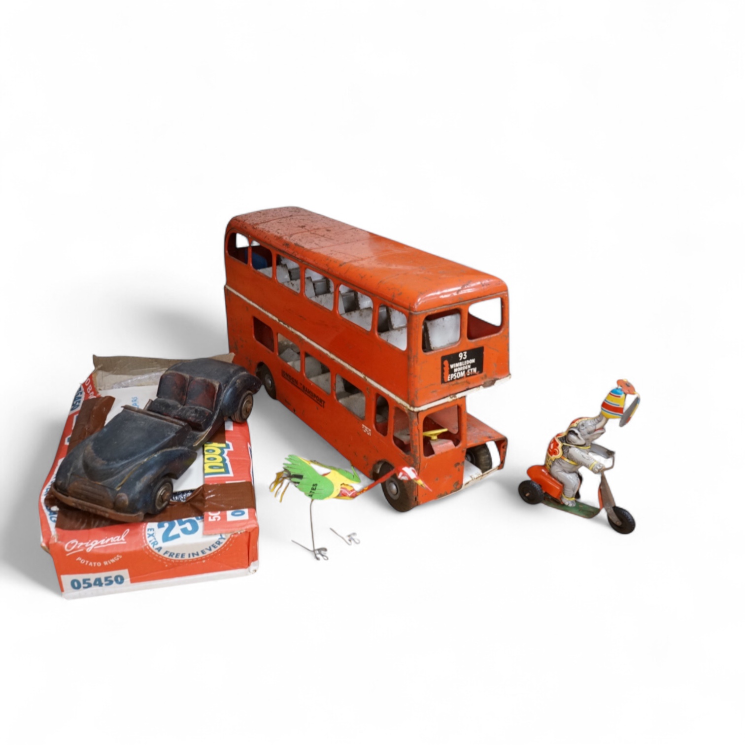 Toys - A Tri-Ang bus, Models of Yesteryear, wood car and two others